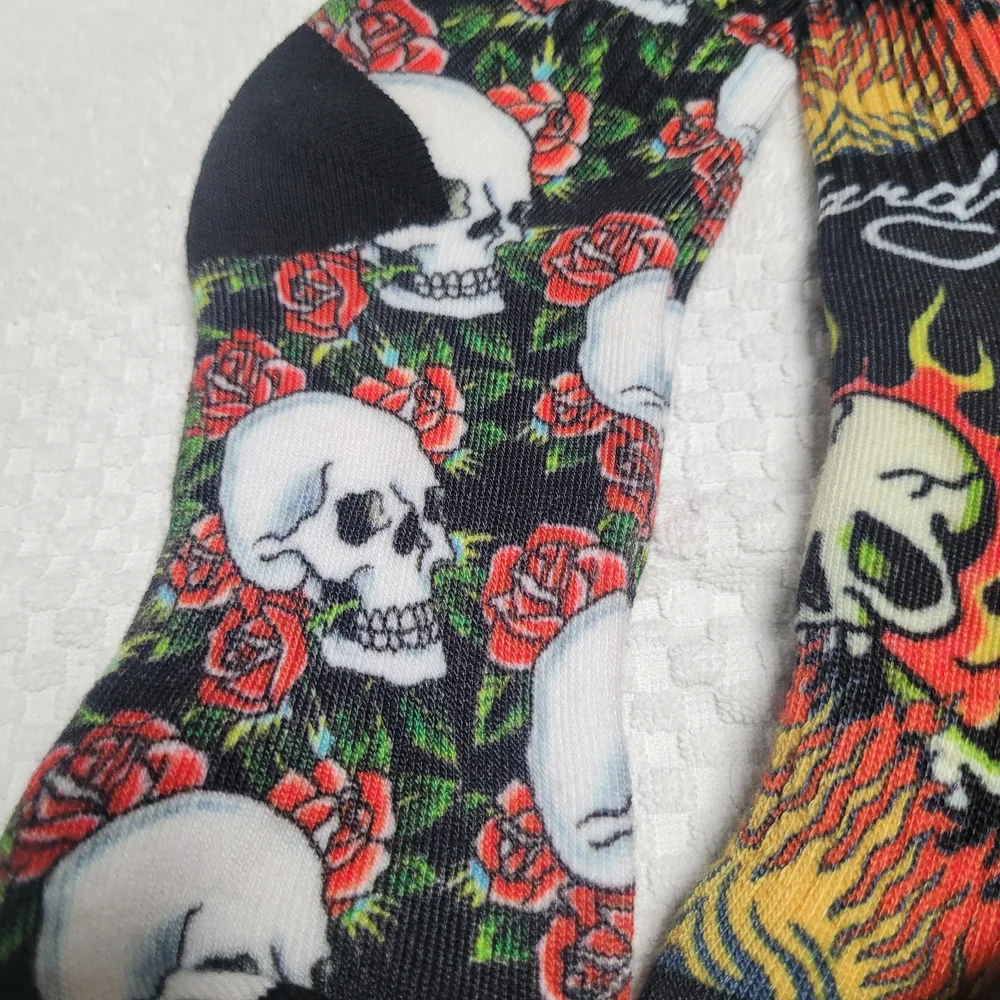 Ed Hardy Black Skull and Flame Socks Edgy Rose Heart 2 Pair